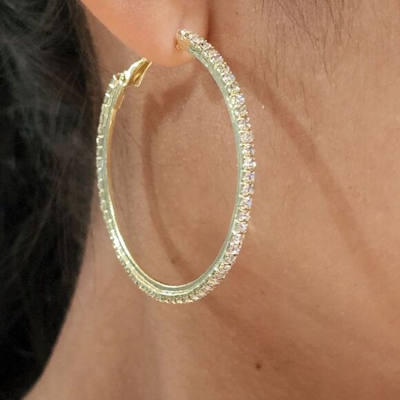 Bohemian Style Gold Plated Round Pave Rhinestone Oversized‎ Hoop Earrings 1.9in - Picture 6 of 16
